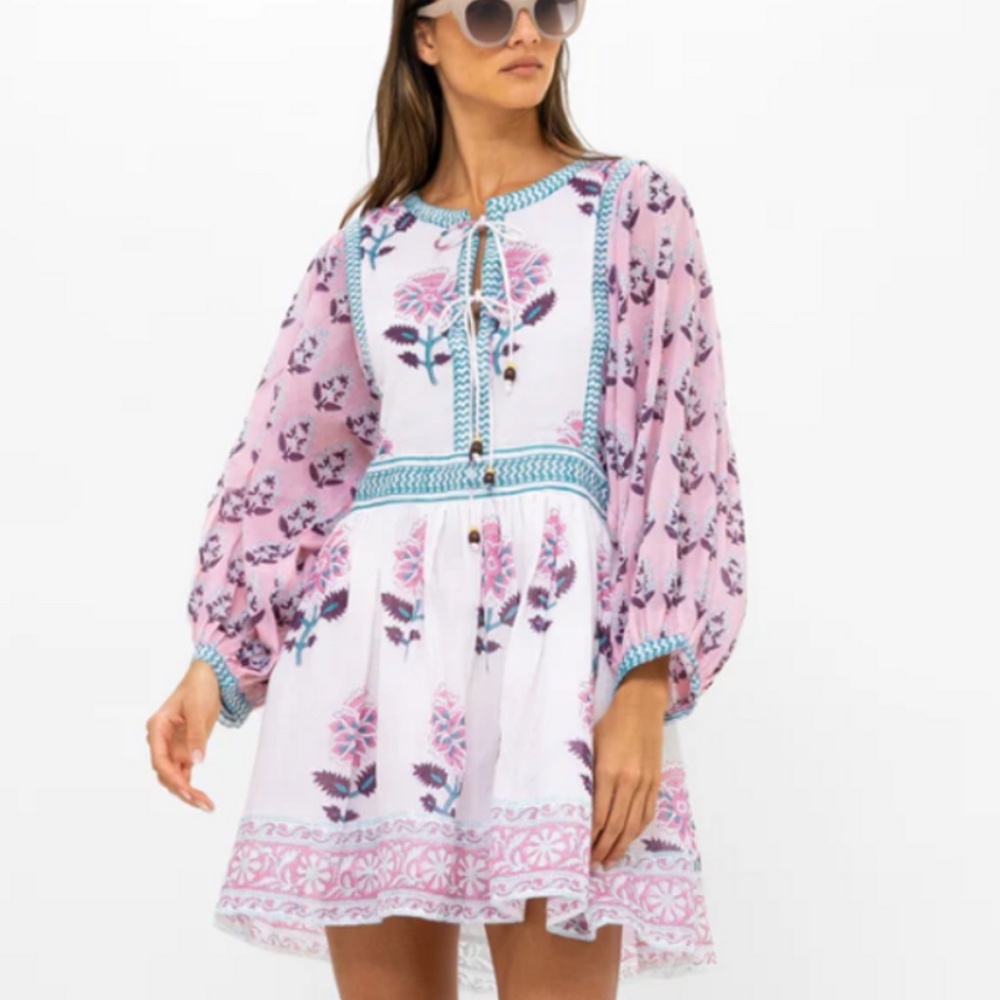 Oliphant White Dress with Pink and Teal Floral Design